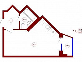 1-комнатная квартира, 28.82 м2