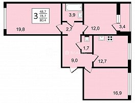 3-комнатная квартира, 80.4 м2