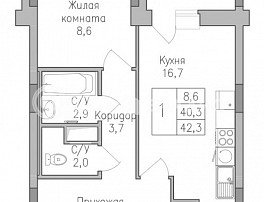 1-комнатная квартира, 42.3 м2
