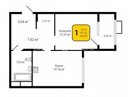 1-комнатная квартира, 49.07 м2