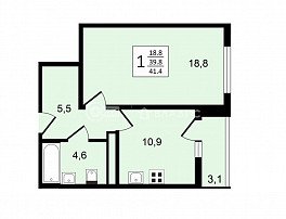 1-комнатная квартира, 41.4 м2
