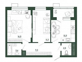 2-комнатная квартира, 55.6 м2