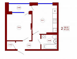 1-комнатная квартира, 41.23 м2