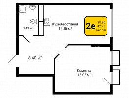 1-комнатная квартира, 42.73 м2
