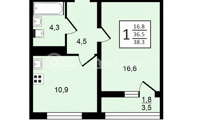 1-комнатная квартира, 38.3 м2, эт. 4, id: 948297, фото 10