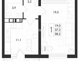 1-комнатная квартира, 38.5 м2