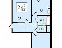 2-комнатная квартира, 49.2 м2