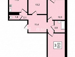 3-комнатная квартира, 80.4 м2