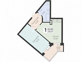 1-комнатная квартира, 39.01 м2