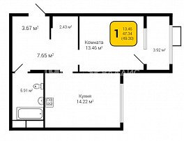 1-комнатная квартира, 49.3 м2