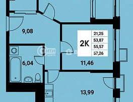 2-комнатная квартира, 55.57 м2