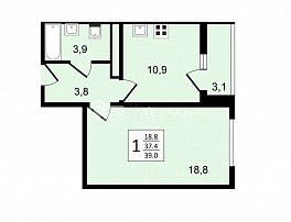 1-комнатная квартира, 39 м2