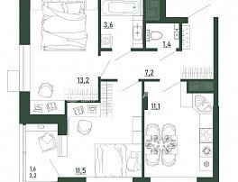 2-комнатная квартира, 49.5 м2