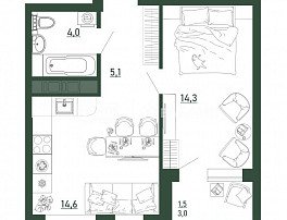 1-комнатная квартира, 39.7 м2