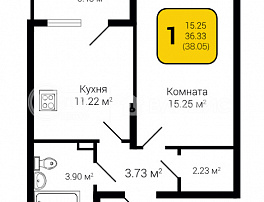 1-комнатная квартира, 38.05 м2