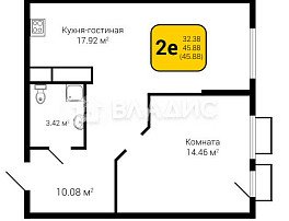 1-комнатная квартира, 45.88 м2
