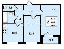 2-комнатная квартира, 57.7 м2