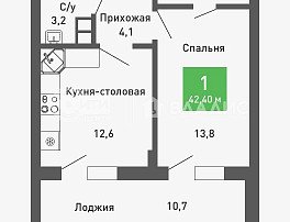 1-комнатная квартира, 42.1 м2