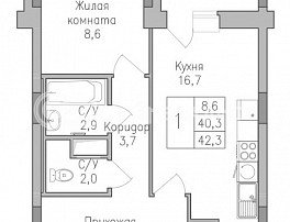 1-комнатная квартира, 42.3 м2