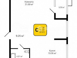 1-комнатная квартира, 61.78 м2