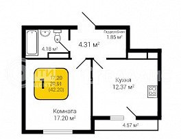 1-комнатная квартира, 42.2 м2