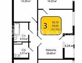 3-комнатная квартира, 97.49 м2