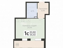1-комнатная квартира, 32.73 м2