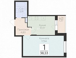 1-комнатная квартира, 38.53 м2
