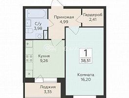 1-комнатная квартира, 38.51 м2