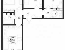 3-комнатная квартира, 76.1 м2