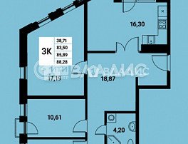 3-комнатная квартира, 88.28 м2
