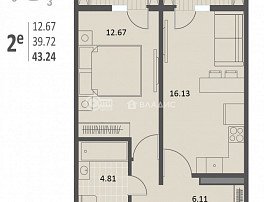 1-комнатная квартира, 43.24 м2