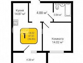 1-комнатная квартира, 39.8 м2