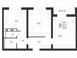 2-комнатная квартира, 53.3 м2