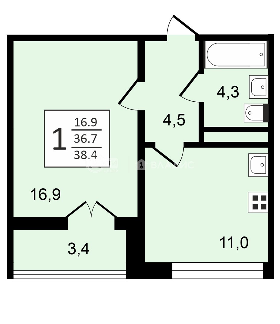 1-комнатная квартира, 38.5 м2