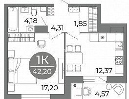 1-комнатная квартира, 42.2 м2