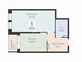 1-комнатная квартира, 43.55 м2