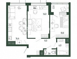1-комнатная квартира, 57.7 м2