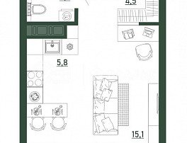1-комнатная квартира, 28.5 м2