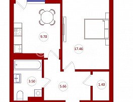 1-комнатная квартира, 38.96 м2