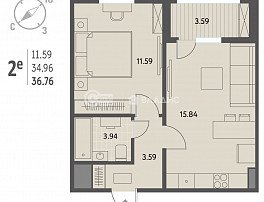 1-комнатная квартира, 36.76 м2