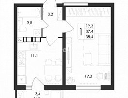 1-комнатная квартира, 38.4 м2