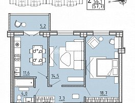 2-комнатная квартира, 57.7 м2