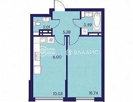 1-комнатная квартира, 43.55 м2