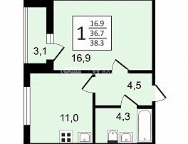 1-комнатная квартира, 38.3 м2