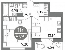 1-комнатная квартира, 43.56 м2