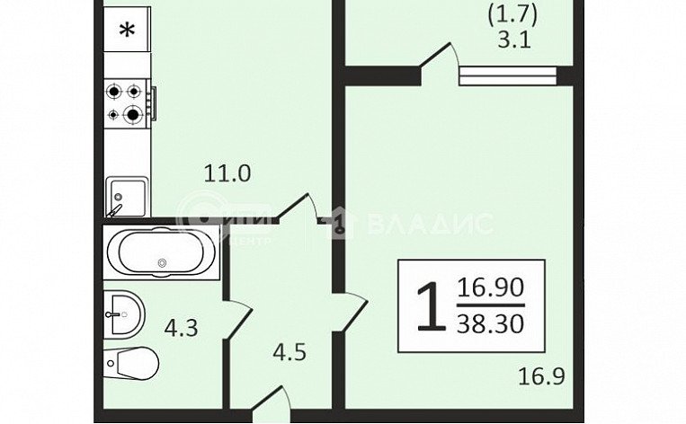 1-комнатная квартира, 38.3 м2, эт. 17, id: 969577, фото 19