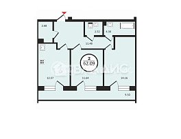 2-комнатная квартира, 62.09 м2