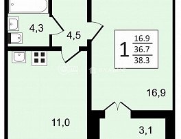 1-комнатная квартира, 38.3 м2