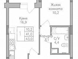 1-комнатная квартира, 43 м2